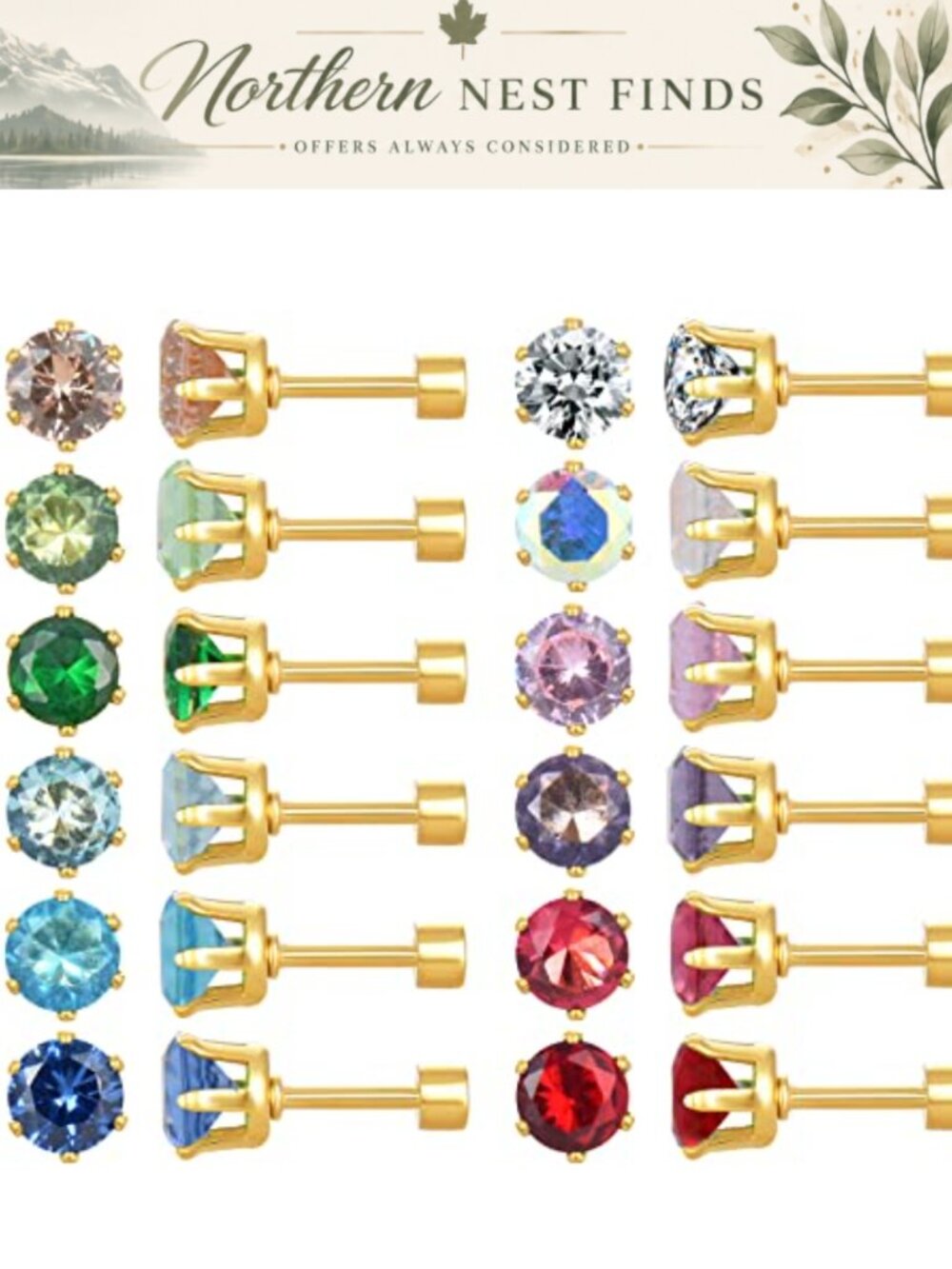 18K Gold Plated Surgical Stainless Steel Stud Earrings 12 Pairs Flat Back Screw